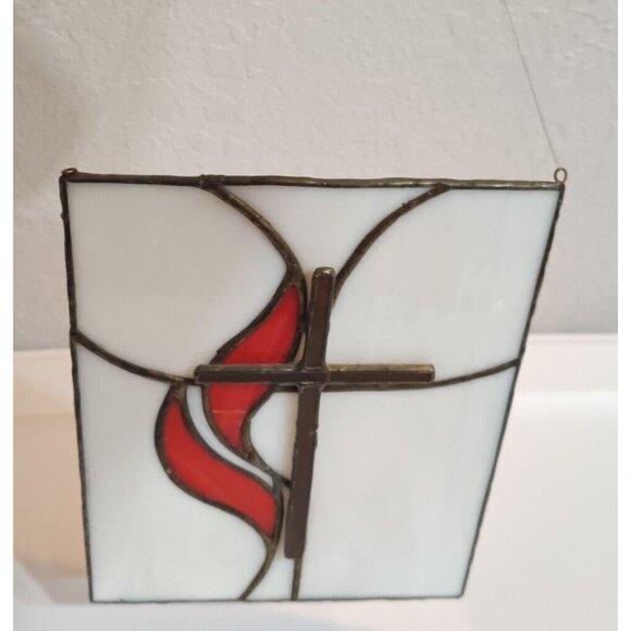Cross And Flame Stained Glass Window Hanging Sun Catcher 8x6” - Picture 4 of 11